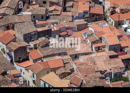 Old Town roofs seen from Rocca di Cefalu rock massif in Cefalu city and comune, located on the Tyrrhenian coast of Sicily, Italy Stock Photo