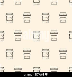 Seamless square vector pattern with disposable coffee and tea cups in line art style on beige background. Minimal design for cafe branding and print. Stock Vector