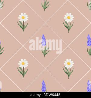 Seamless vector spring floral pattern with daisies and lavender on a beige background with white diamonds. Decorative repeating pattern for textiles, wallpaper, packaging, branding, and print. Stock Vector