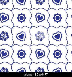 Wedding seamless pattern, heart, flower, cage, blue, Slavic wedding, a-la Russia, vector Stock Vector