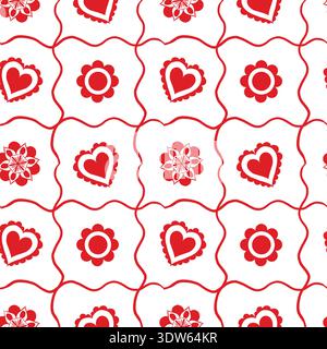 Wedding seamless pattern, heart, flower, cage, red, Slavic wedding, a-la Russia, vector Stock Vector