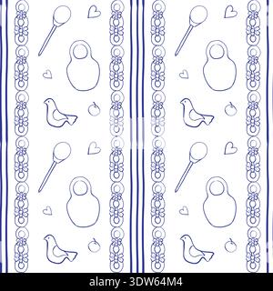 Wedding seamless pattern, stripe, matryoshka, bagels, blue, Slavic wedding, a-la Russia, vector Stock Vector