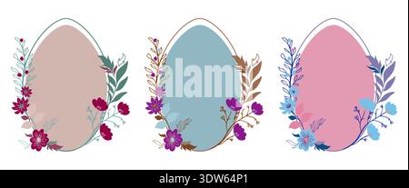 Vector set of floral egg frames for Easter and baby shower. Spring botanical frame design for greeting card, invitation and postcard template. Stock Vector