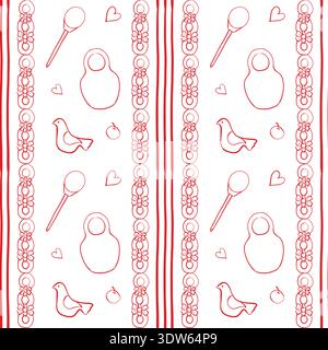 Wedding seamless pattern, stripe, matryoshka, bagels, red, Slavic wedding, a-la Russia, vector Stock Vector