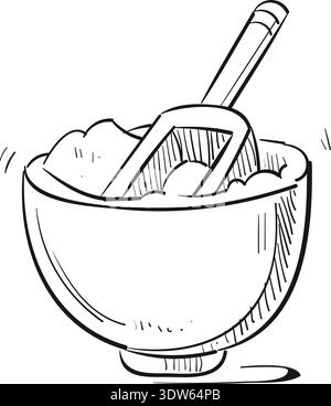 Cooking doodle. Wooden ladle in bowl. Food ingredient Stock Vector