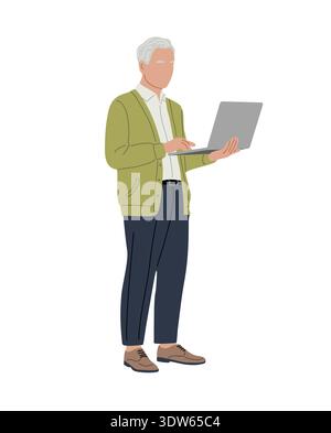 Older man in green cardigan using laptop Stock Vector