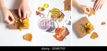 Female hands write on a maple leaf to decorate a gift box with autumn leaves on a white background. Collage from different photographs. Thanksgiving a Stock Photo