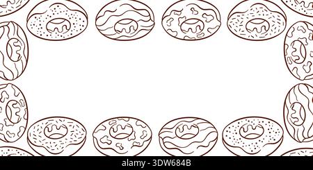 Horizontal frame with assorted donut on a white background in line art style. Stock Vector