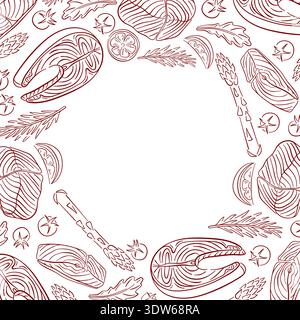 Salmon frame with steak, fillet cuts, herbs, asparagus and spices in line art style. Illustration isolated on white background for restaurant menu Stock Vector