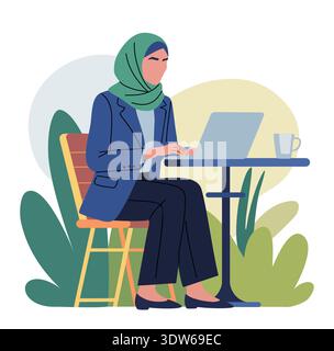 Woman in hijabworking on laptop at table in garden Stock Vector