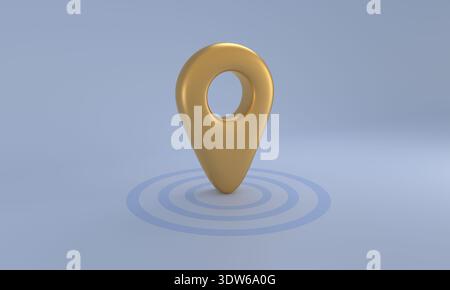 Golden 3d map pin standing on a pale blue surface with concentric rings, symbolizing premium location and targeting Stock Photo
