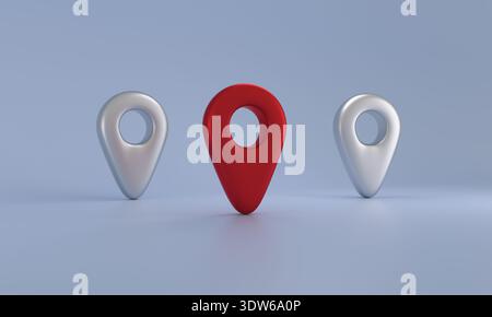 Red 3d map pin icon highlighting a specific place among multiple silver location markers on a light blue background Stock Photo