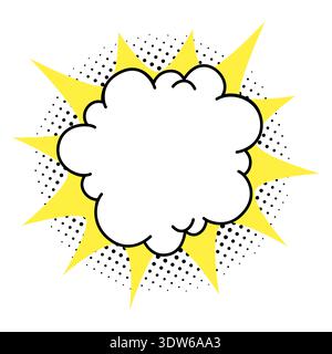 Comic cloud speech bubble with yellow starburst rays and black halftone dots in retro pop art vector style. Cloud bubble starburst shape for sale Stock Vector