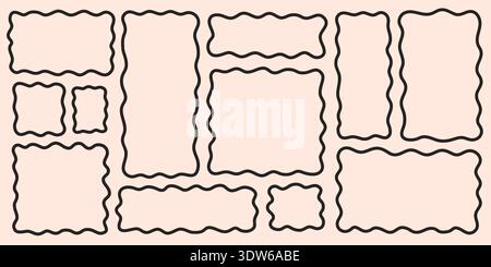 Wavy line shape frame set with organic square and rectangle doodle outlines. Hand drawn zigzag borders for text boxes, labels, posters and playful Stock Vector