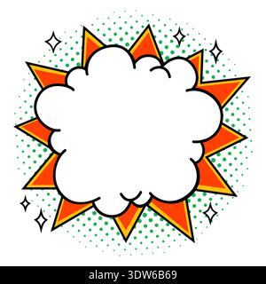 Comic cloud speech bubble with orange starburst rays, yellow outline and green halftone dots in retro pop art vector style. Cloud bubble and starburst Stock Vector