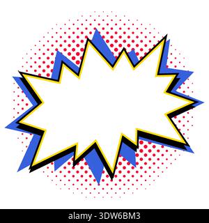 Comic starburst shape with blank center, blue and black outline burst with yellow accent and red halftone dots in retro pop art vector style Stock Vector