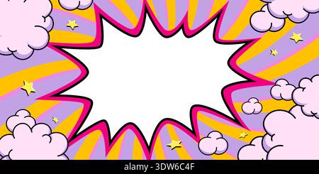 comic banner with starburst pink text box and blank center over purple and yellow radial background with clouds and small stars in pop art style. Stock Vector