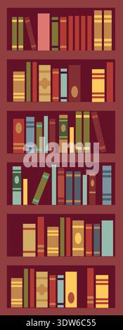 Bookcase cartoon illustration. Library wooden shelves with books Stock Vector