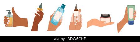 Set of diverse hands holding skincare bottles Stock Vector