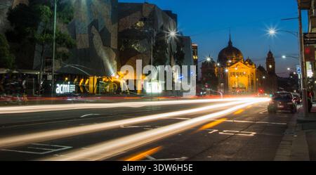 Long exposure night shot Melbourne's ACMI Museum, Australia's only national museum of film, video games, digit Stock Photo