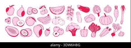 Hand drawn fruits and vegetables vector set in trendy pink monochrome style. Fresh organic food collection with apple, banana, carrot, pumpkin and Stock Vector