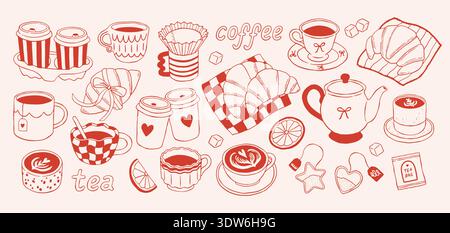 Hand drawn coffee and tea vector set with croissants, cups, teapot and sweets in Mediterranean style. Cozy cafe breakfast collection ideal for menu Stock Vector