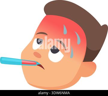Fever cartoon icon. Hot kid head with thermometer in mouth Stock Vector
