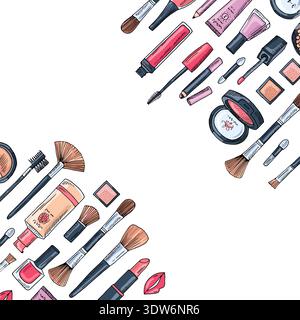 Makeup products on banner template. Beauty cosmetic icons Stock Vector