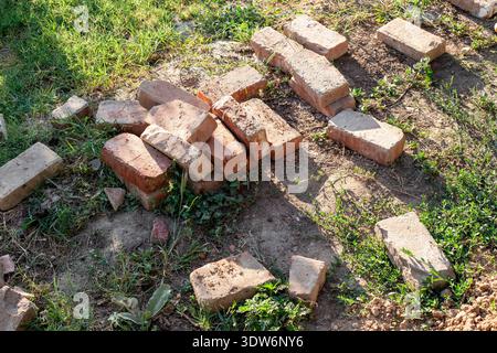 A pile of red bricks lies scattered on the grass in a garden. construction material, garden project, building work. Stock Photo
