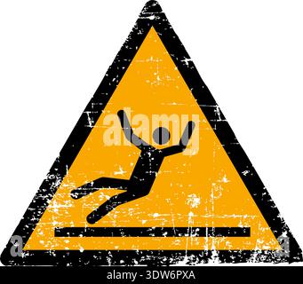 Vector illustration of a slippery surface hazard sign with a grunge texture. Worn scratched yellow triangle symbol showing a person slipping isolated Stock Vector