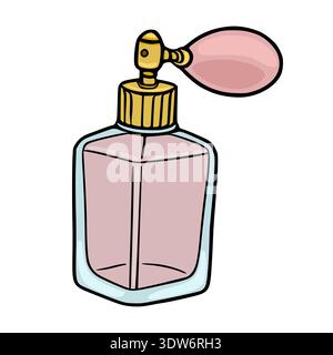 Vintage perfume bottle vector illustration with pink atomizer bulb and gold accents Stock Vector