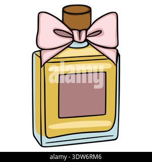 Elegant vector illustration of a perfume bottle with a soft pink bow and a golden liquid, isolated on white. Stock Vector