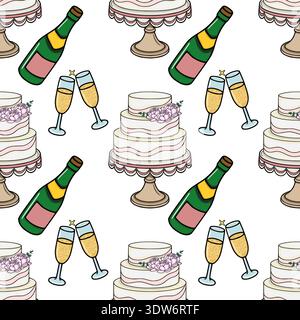 Cheerful vector pattern of tiered wedding cakes and champagne bottles with clinking glasses, perfect for celebrations Stock Vector