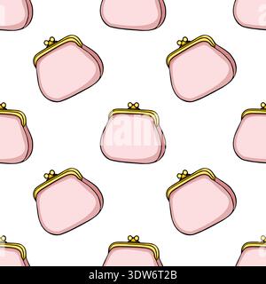 Seamless vector pattern of cute pink coin purses with gold clasps, perfect for fashion and textile design Stock Vector