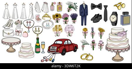 Collection of vector wedding elements, including dresses, rings, cakes, and car Stock Vector