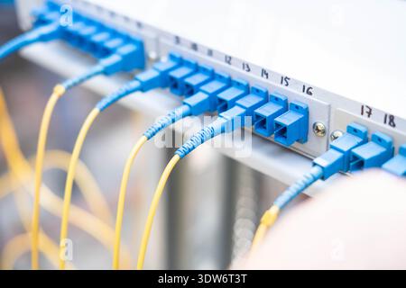 Connector with blue cables. Blur and selective focus. Stock Photo