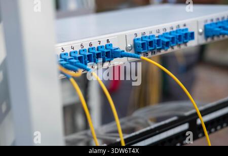 Connector with blue cables. Blur and selective focus. Stock Photo
