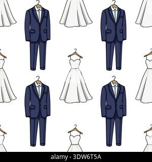 Seamless vector pattern of a wedding dress and a groom's suit on hangers. Stock Vector