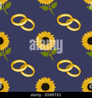 Seamless vector pattern of golden wedding rings and sunflowers on a dark blue background Stock Vector