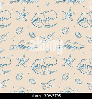 Seamless whimsical pattern with sea waves, seashells and starfish Stock Vector