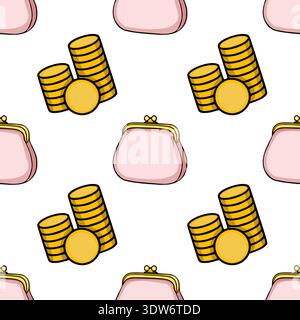 Seamless vector pattern of pink coin purses and stacks of gold coins, flat design illustration Stock Vector