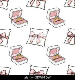 Seamless vector pattern of wedding rings in open boxes and ring bearer pillows with pink bows Stock Vector