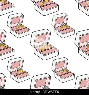 Seamless vector pattern of a golden engagement ring with a diamond in a pink velvet box, isolated on white background Stock Vector