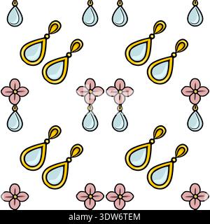 Seamless vector pattern of delicate gold earrings with light blue teardrop gems and pink floral motifs. Stock Vector