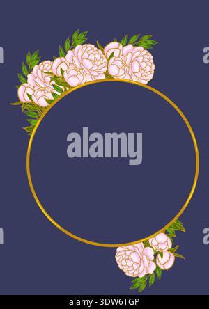 Delicate Pink Peony Flower Border vector poster with golden oval frame on dark blue background Stock Vector
