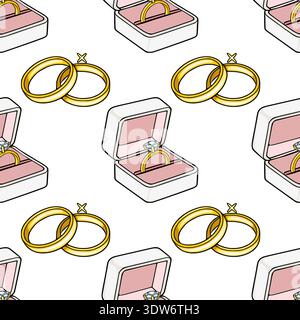 Seamless vector pattern of golden wedding rings in open jewelry boxes with sparkling diamonds Stock Vector
