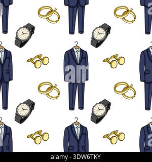 Elegant Groom's Accessories Vector Pattern - Navy Suit, Rings, Watch, Cufflinks Stock Vector