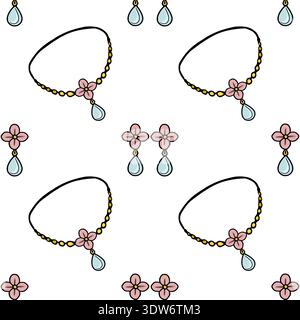 Seamless vector pattern of delicate pink floral necklaces and teardrop earrings with gold beads Stock Vector