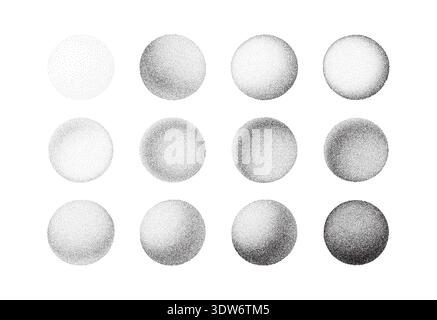 Set Grainy circular gradient with halftone dots creating a 3D sphere effect on white background, perfect for abstract design projects and textured Stock Vector