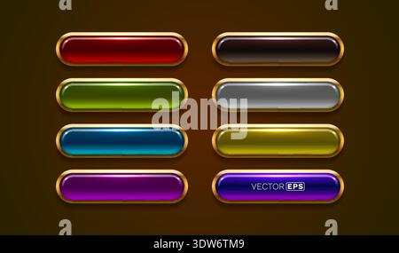 Modern glossy vector buttons with golden frames. Set of eight colorful, shiny UI elements for web or game design. Vector illustration. Stock Vector